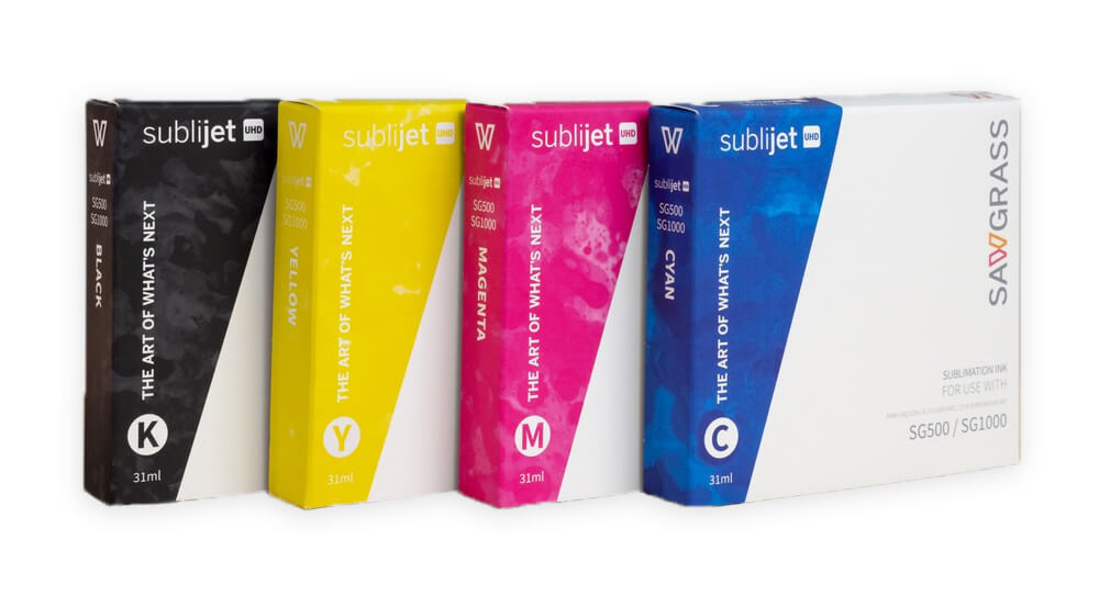 packages of black, yellow, magenta, and cyan inks