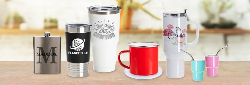 multiple examples of trending drinkware for sublimation and engraving personalization