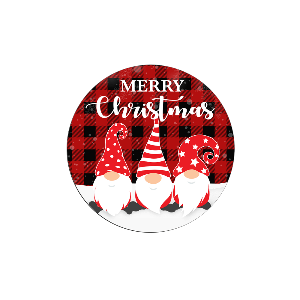 Round home decor customized with Merry Christmas and three gnomes