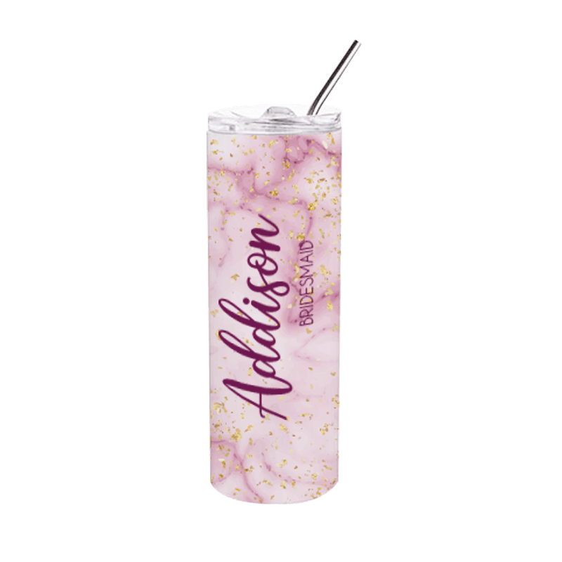 tumbler with straw and lid in a marble design personalized with name and bridesmaid